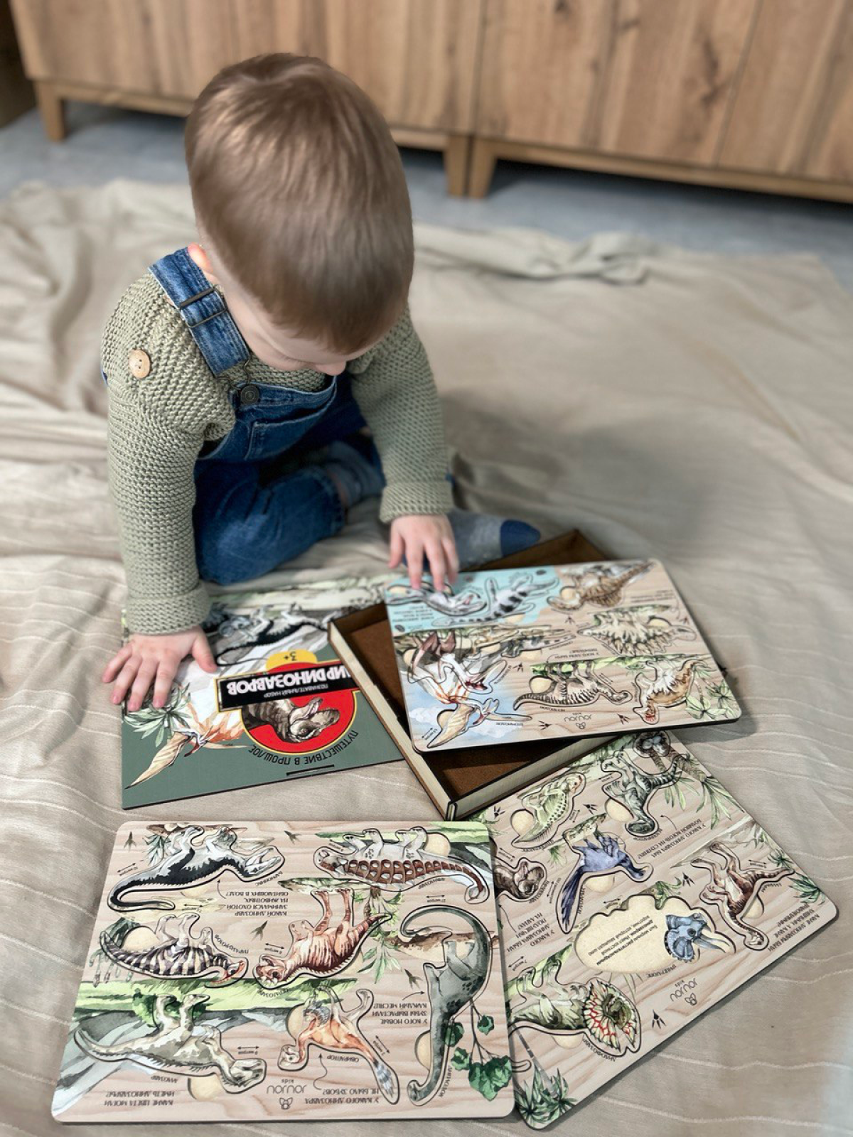 картинка Набор дидактических пазлов "Мир динозавров" в деревянной коробке от магазина JOUJOU