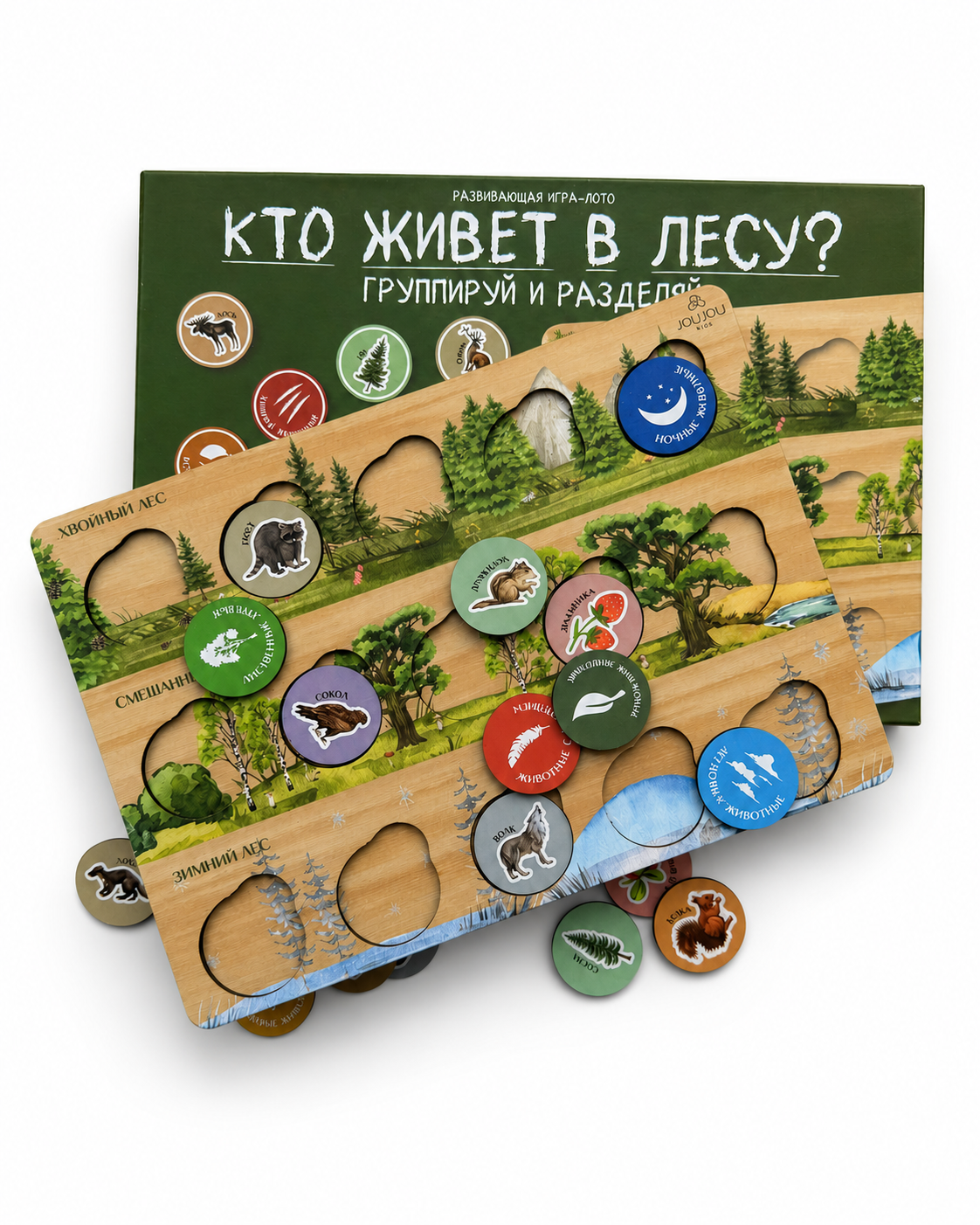 картинка Развивающая игра-лото "Кто живет в лесу? Группируй и разделяй" от магазина JOUJOU